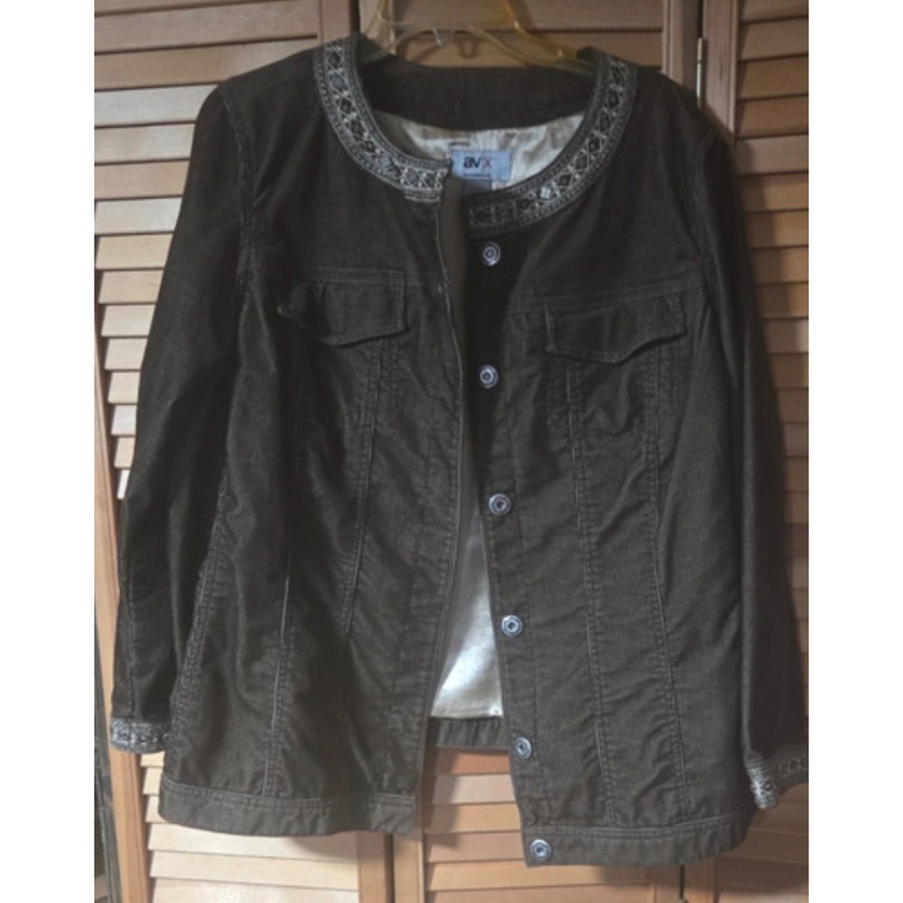 Avenue Jeans AVX Brown Corduroy Jacket Embroidered Collarless Women Plus 18/20